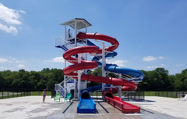Giant water slides at Adventure Bound Eagle Valley pool area